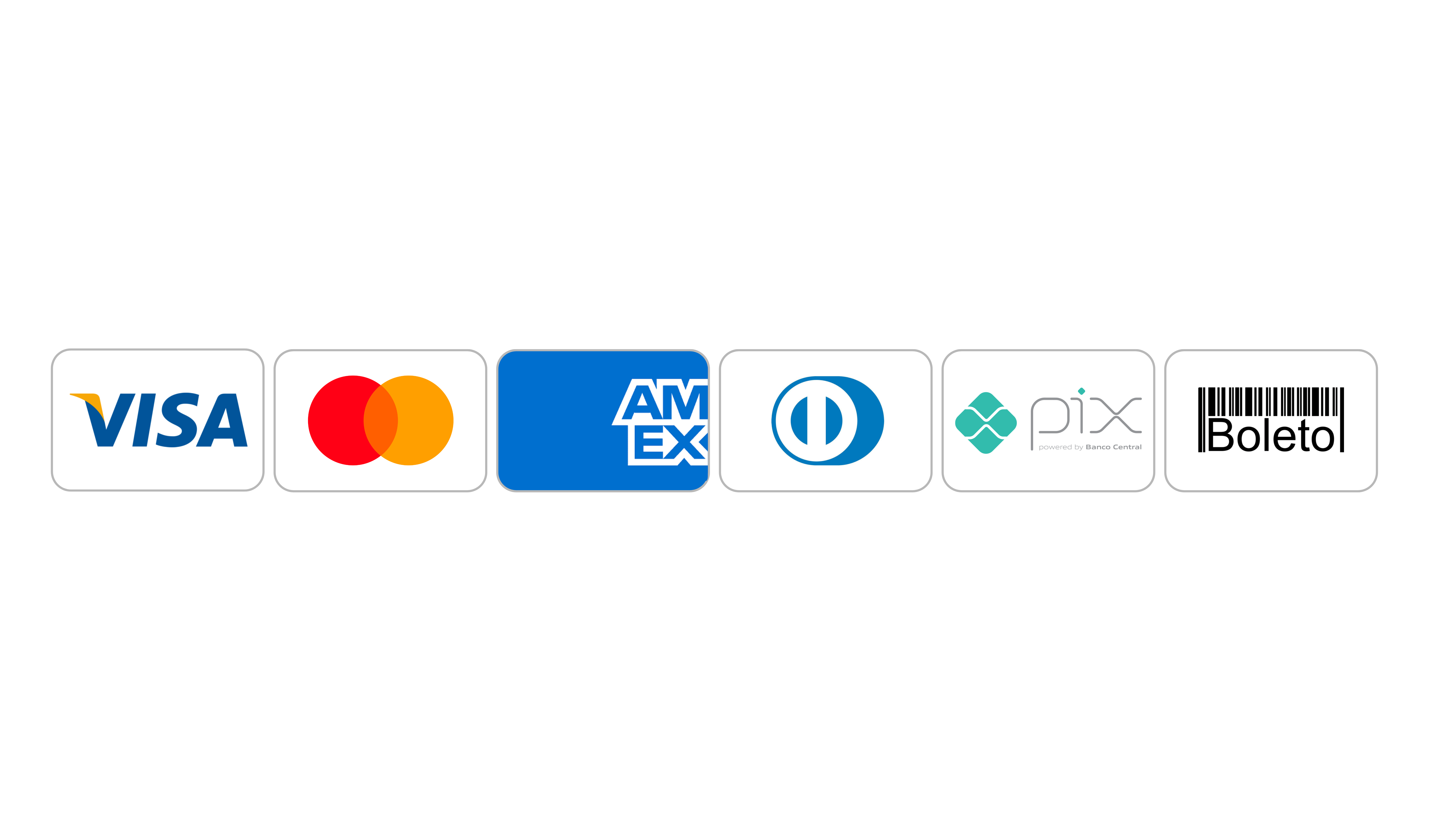 Visa, Mastercard, American Express, Diners Club, Pix e Boleto